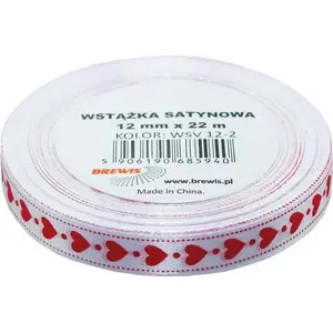 Ribbon BREWIS satin 12 mm, pattern hearts, color 2