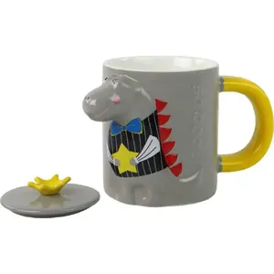 Ceramic Mug with Lid LEANToys 400 ml — Grey Dinosaur Design