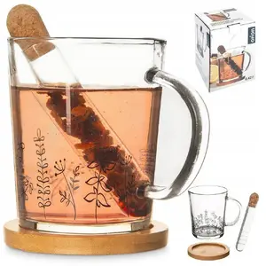 Glass Mug with Infuser and Bamboo Saucer, Excellent Houseware — Set of 3, 400 ml