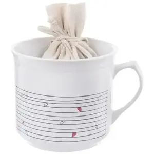 Ceramic mug with tea bag pocket ORION 128852 — white, heart design, large 650 ml