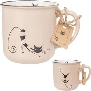 Ceramic mug ORION 370 ml with handle featuring cat motif, for coffee and tea