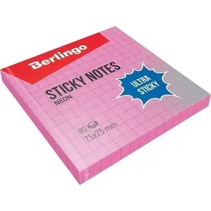 Self-adhesive note pad Berlingo 75×75 mm pink, grid, 80 sheets