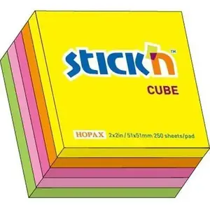 Sticky note cube Stickn 5 neon colors, assorted pad stack (MPN 21203)