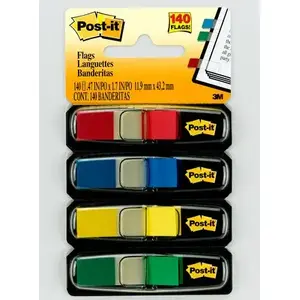 Self-Adhesive Page Flags Post-IT 1/2 in (12 mm) Primary Colors, 35 flags per dispenser, 4 dispensers