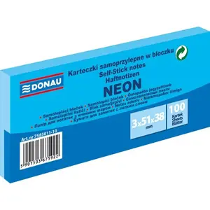 Self-adhesive Note Pads Donau 38×51 mm, 100 sheets, Neon Blue, pack of 3