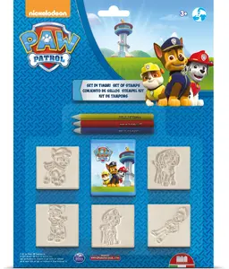Bērnu zīmogļu komplekts Multiprint Paw Patrol — 5 koka gumijas zīmogi, mazgājams tintīts spilventiņš, 3 zīmuļi, 3+