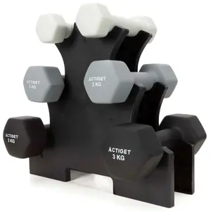 Svaru komplekts ar statīvu Springos ACT0169 — sešstūra neoprēna pārklājuma metāla hanteles 12 kg (2×1 kg, 2×2 kg, 2×3 kg) ar PVC statīvu