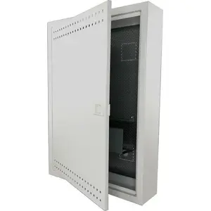 Wall-mounted teletechnical FTTH cabinet Alantec 500×350×90 mm, perforated door, 1 electrical socket, 14 Keystone ports