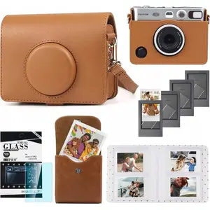 Набор аксессуаров для Fuji Instax Mini Evo от LoveInstant — 5 в 1: чехол, защитное стекло, альбом 64 стр., конверты для фото, рамки — коричневый