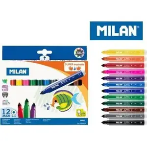 Flomāsteri Milan Flamastry maxi Super Washable 12 krāsas — mazgājami flomāsteri, komplekts 12