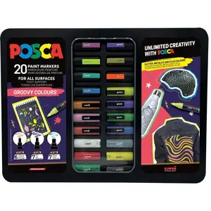 Marķieru komplekts UBIQUITI POSCA Gift Metal Tin 20 gab. — Groovy Colours assorti, gali 1M/3M/5M