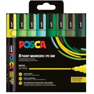 Marķieru komplekts POSCA PC-5M — 8 gab., vidēja gals, zaļās krāsas