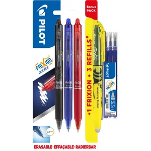 PILOT FriXion Clicker izvelkama gēla pildspalvu komplekts 0,7 mm — 3 pildspalvas + izcēlējs + uzpildes komplekts