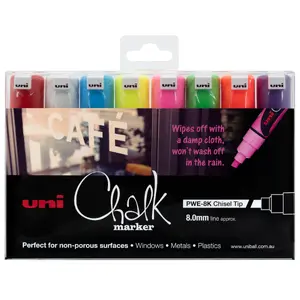 Marker set uni-ball ChalkGlass PWE-8K — chisel tip 8 mm, 8 colors (Green, Light Blue, Orange, Pink, Red, Violet, White, Yellow)
