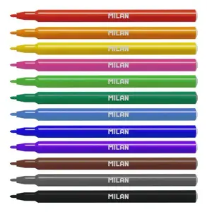 Marķieris Milan 06F12 ar smalku galu, 12 dažādas krāsas, platums 8 mm, garums 154 mm, uzkarināma kaste