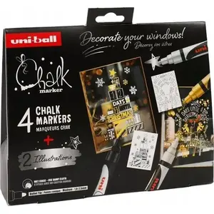 Marker set Usorteret Uni Kreidemarker-Set Święta PWE-5M — 4-piece chalk markers (white, black, gold, silver) + 2 illustration sheets