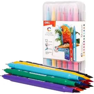 Divpusēji marķieri DELI Color Emotio, 12 krāsas — ota un smalks uzgalis