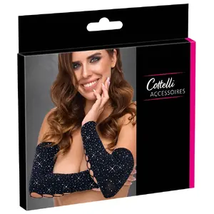 Gauntlet Sleeves by cottelli collection, model Gauntlet Sleeves S-L, black circular-knit, gem embellishments, 94% polyamide 6% spandex