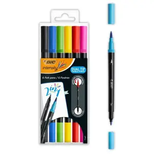 Marķieri BIC Intensity Dual Tip — komplekts 6 krāsas (melna, zila, zaļa, violeta, sarkana, dzeltena), apaļa un ota galiņi