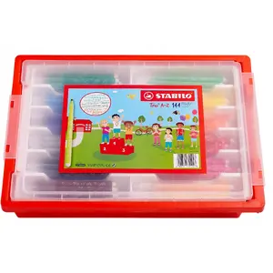 Марķieri Stabilo Trio A‑Z Børnetusch klases komplekts 12×12 krāsas stabilā uzglabāšanas kastē ar vāku