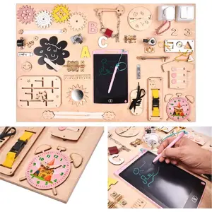 Wooden Activity Board KIK KX4630_1 pink with clock, 75x50 cm