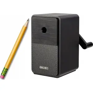 Manual Pencil Sharpener LEANToys model 20201 with Crank, Adjustable Blade and Shavings Container, Black