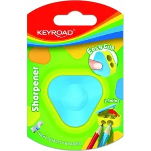 Точилка для карандашей Keyroad KR972283 — пластиковая треугольная с двумя отверстиями, 1 шт., блистер, разные цвета
