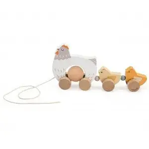 Деревянная каталка «Курица с цыплятами» Viga Toys, модель 44285 — игрушка на веревочке для малышей