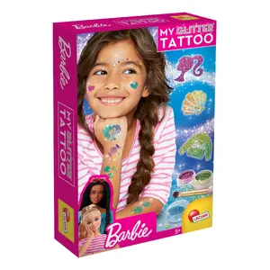 Набор временных блестящих тату Lisciani Barbie My Glitter Tattoo — многоцветный комплект со трафаретами, клеем и кисточками