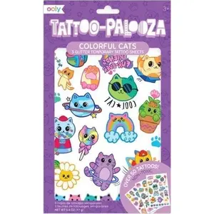 Īslaicīgās tetovēšanas uzlīmes Ooly Tattoo Palooza — spīdīgas «Kaķi», mazgājamas dekoratīvas tetovējas