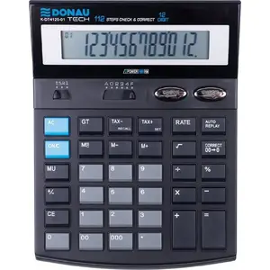 Galda kalkulators Donau TECH K-DT4120-01 — 12 ciparu displejs, izmēri 185×140×37 mm, melns