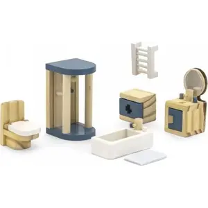 Viga Toys PolarB vannas istabas mēbeļu komplekts leļļu namam modelis 44039 — koka aksesuāri