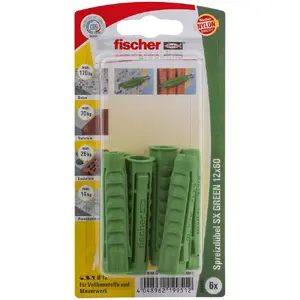 Expansion anchor FISCHER 524827, nylon, Ø12 mm x 60 mm, for brick/concrete/autoclaved aerated concrete, pack of 6