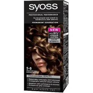Hair dye Syoss Orzechowy Brąz 5-8 — permanent hair color, shade 5-8 (nut brown)