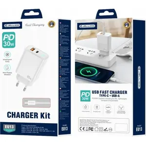 Jellico EU13 GaN PD 30W USB-C + USB QC3.0 Wall Charger with USB-C to USB-C Cable, White