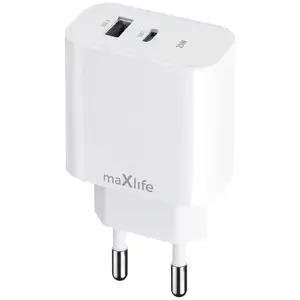 Сетевое зарядное устройство maxlife MXTC-06-25AC, 25 Вт, 1× USB-C PD, 1× USB-A QC, белое