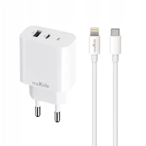 Power adapter maxlife MXTC-06-20AC 20W 1x USB-C PD 1x USB QC with 20W USB-C to Lightning cable white