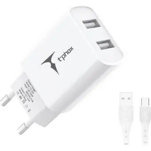 Power adapter T-Phox TCC-224 Pocket Series 2x USB 12W (2.4A) with 1m USB-C cable, white