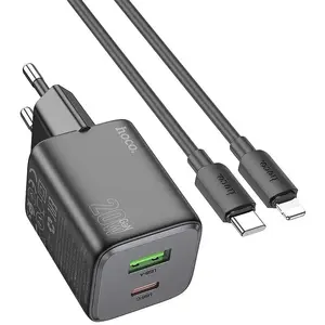 Сетевое зарядное устройство HOCO с USB-A и USB-C (QC/PD) 3A 20W с кабелем USB-C на Lightning N41 черное