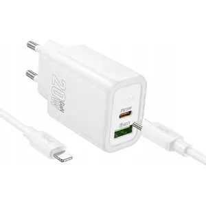 HOCO USB A + USB‑C Wall Charger with USB‑C to Lightning Cable, PD/QC3.0 20W 3A, White