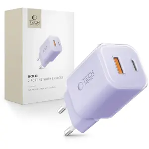 Сетевой зарядный адаптер Tech-Protect NCM33 2-портовый PD 33 Вт / QC3.0, светло-фиолетовый
