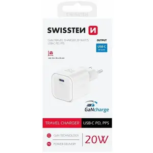 SWISSTEN ceļojumu lādētājs GaN 20W USB‑C Power Delivery — 1x USB‑C, balts