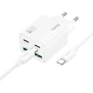 Сетевое зарядное устройство HOCO N56 с 2×USB-C, 2×USB-A QC3.0 PD 3A 30W и кабелем USB-C—USB-C (белое)