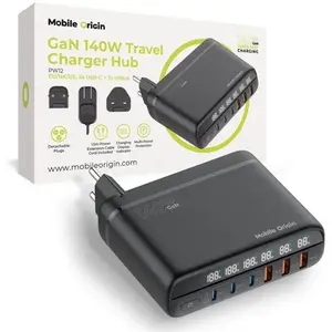 Mobile Origin GaN 140W туристический зарядный хаб PW12 — 3× USB‑C, 3× USB‑A, EU/UK/US