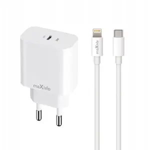 Power adapter maxlife MXTC-06-20C 20W USB-C PD/QC with 1x USB-C port and USB-C to Lightning cable, white