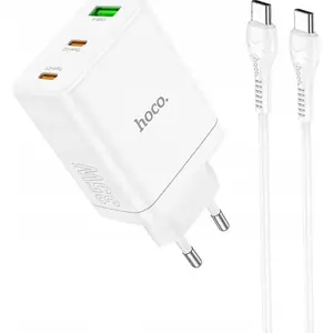 Barošanas adapteris HOCO N33 35W balts — 2× USB-C + 1× USB-A, USB-C–USB-C kabelis, PD/QC3.0, 3A