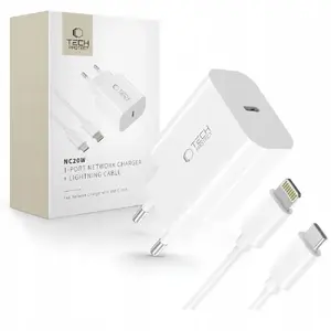 Сетевой адаптер Tech-Protect NC20W 1‑порт PD 20W с кабелем Lightning, белый