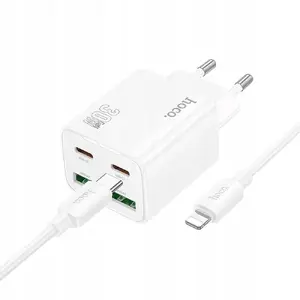 Сетевое зарядное устройство HOCO N56 2×USB-C + 2×USB-A QC3.0 PD 3A 30W с кабелем USB-C—Lightning, белое