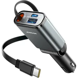 Автомобильное зарядное устройство Joyroom JR-CCL07 3 в 1 с встроенным втягивающимся кабелем - тёмно-серое