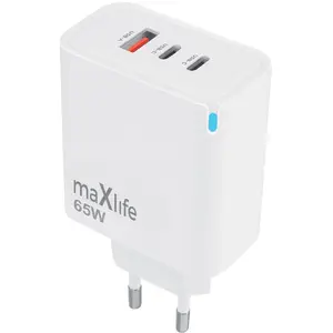 Power adapter maxlife MXTC-09-65ACC GaN PD QC 65W — 2× USB-C, 1× USB, white